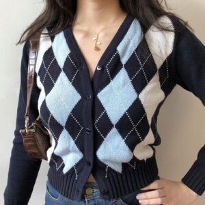 Brandy Melville Elizabeth Sweater Cardigan - Blue Argyle